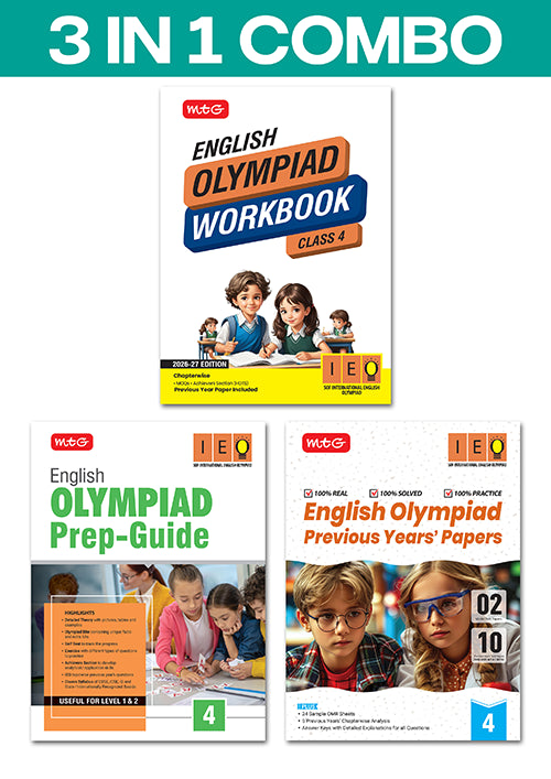 Class 4 International English Olympiad (IEO) Workbook, Prep-Guide and Previous Years Papers (PYQs) Books  - 3 IN 1 COMBO By MTG Learning