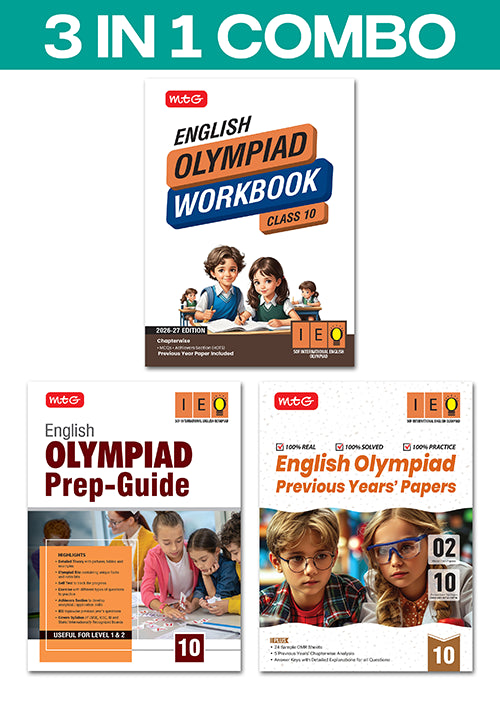 Class 10 International English Olympiad (IEO) Workbook, Prep-Guide and Previous Years Papers (PYQs) - Books (3 IN 1 COMBO) By MTG Learning