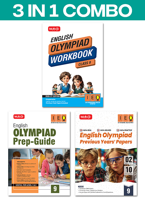 Class 9 International English Olympiad (IEO) Workbook, Prep-Guide and Previous Years Papers (PYQs) Books (3 IN 1 COMBO) By MTG Learning