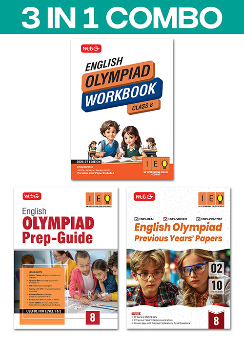 Class 8 International English Olympiad (IEO) Workbook, Prep-Guide and Previous Years Papers (PYQs) (3 IN 1 COMBO)- Books By MTG Learning