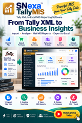 Promotional graphic for SNexa TallyMIS software, showing a laptop with MIS dashboard reports, a Tally interface screenshot, and multiple colorful feature icons for monthly P&L, sales & purchase, stock summary, party-wise analysis, GST summary, and ratios & comparison. Text reads 'From Tally XML to Business Insights' and includes a 'Watch Demo Video' callout.