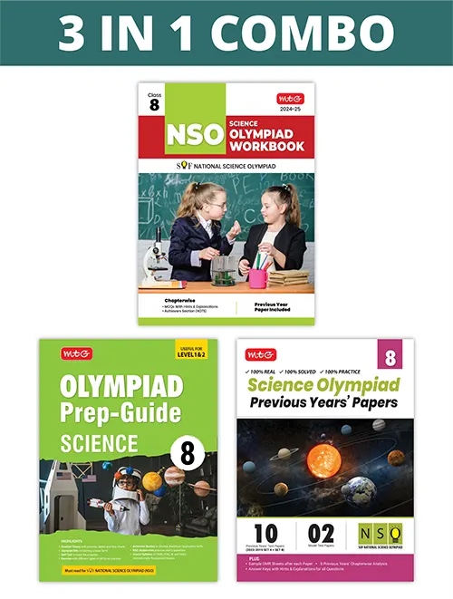 National Science Olympiad (NSO) Workbook, Prep-Guide and Previous Years Papers (PYQs) with Mock Test Paper for Class 8 (Set of 3 Books) by MTG Learning