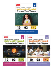 IMO-NSO-IEO Class-8 Olympiad Previous Years Papers (2023-2019) Set A and B) Mathematics, Science and English Combo Pack book by MTG Learning