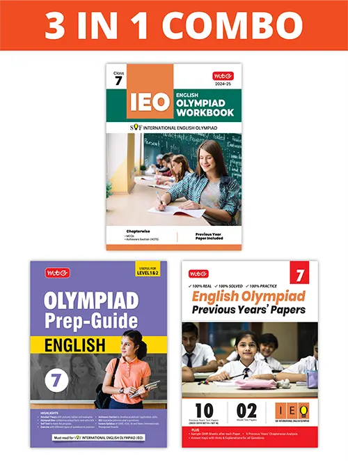 International English Olympiad (IEO) Workbook, Prep-Guide and Previous Years Papers (PYQs) with Mock Test Paper for Class 7 (Set of 3 Books) by MTG Learning