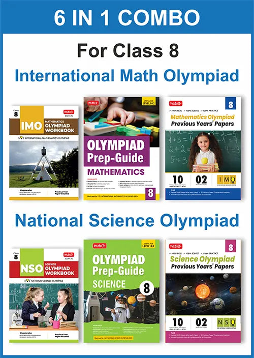 Class-8 (Mathematics and Science) IMO-NSO Olympiad Workbook, Prep-Guide and Previous Years Papers (6 in 1 COMBO) book by MTG Learning