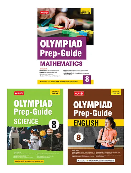 Olympiad Prep-Guide Class-8 Mathematics, Science and English (Set of 3 Books) by MTG Learning