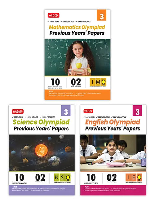 IMO-NSO-IEO Class-3 Olympiad Previous Years Papers (2023-2019) Set A and B) Mathematics, Science and English Combo Pack book by MTG Learning