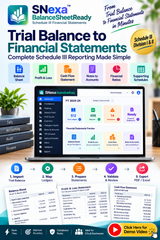 Promotional graphic for SNexa BalanceSheetReady Trial Balance to Financial Statements template, showing a laptop with a spreadsheet interface, feature icons, step-by-step workflow, and a call-to-action button.